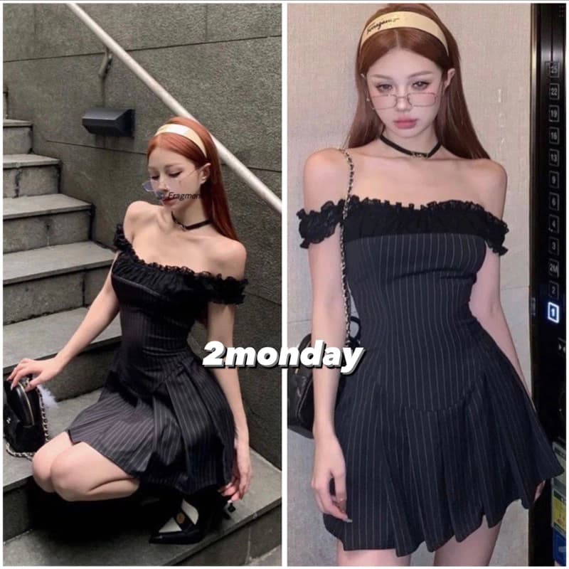 Body Trễ Vai Kẻ Sọc Viền Bèo Voan Đầm Nữ Dáng Ngắn Hở Lưng Tôn Body Sexy Đi Chơi Dự Tiệc Sang Chảnh V21