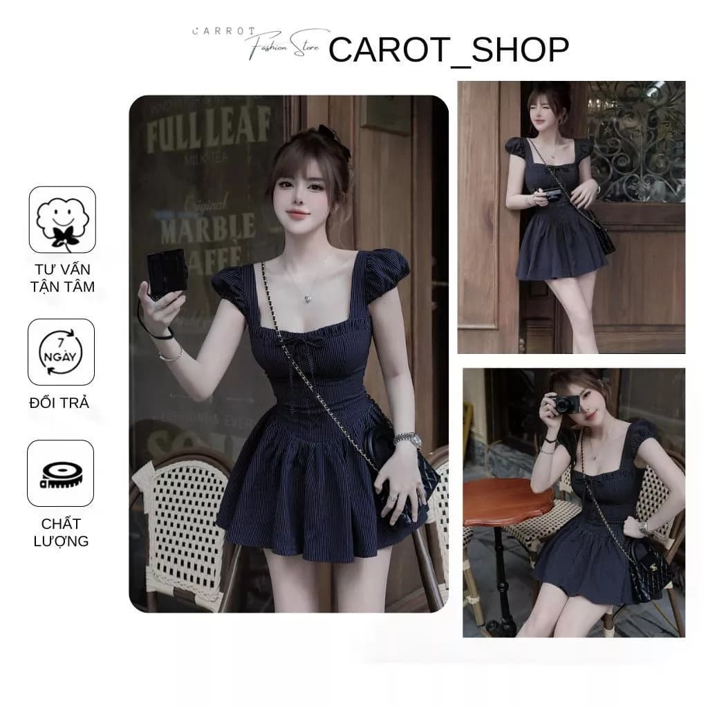 VN07 ( 𝐁𝐈𝐆𝐒𝐈𝐙𝐄) Đầm tiểu thư cổ tay vuông kẻ sọc phối nơ dễ thương hàn quốc ( 𝐒 => 𝟑𝐗𝐋 - 𝐊𝐄̀𝐌 𝐐𝐔𝐀̂̀𝐍  by CarotShop