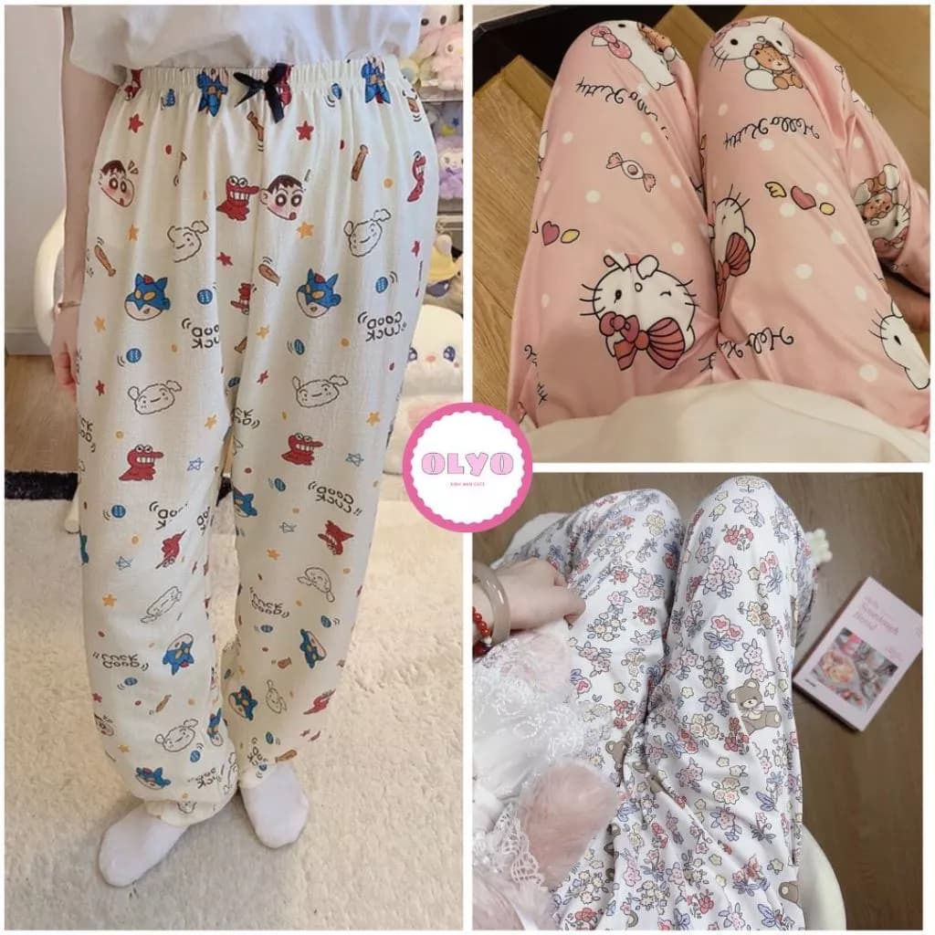 Quần dài hoạt hình ống rộng nhiều họa tiết - Quần mặc nhà dễ thương chất kate mềm