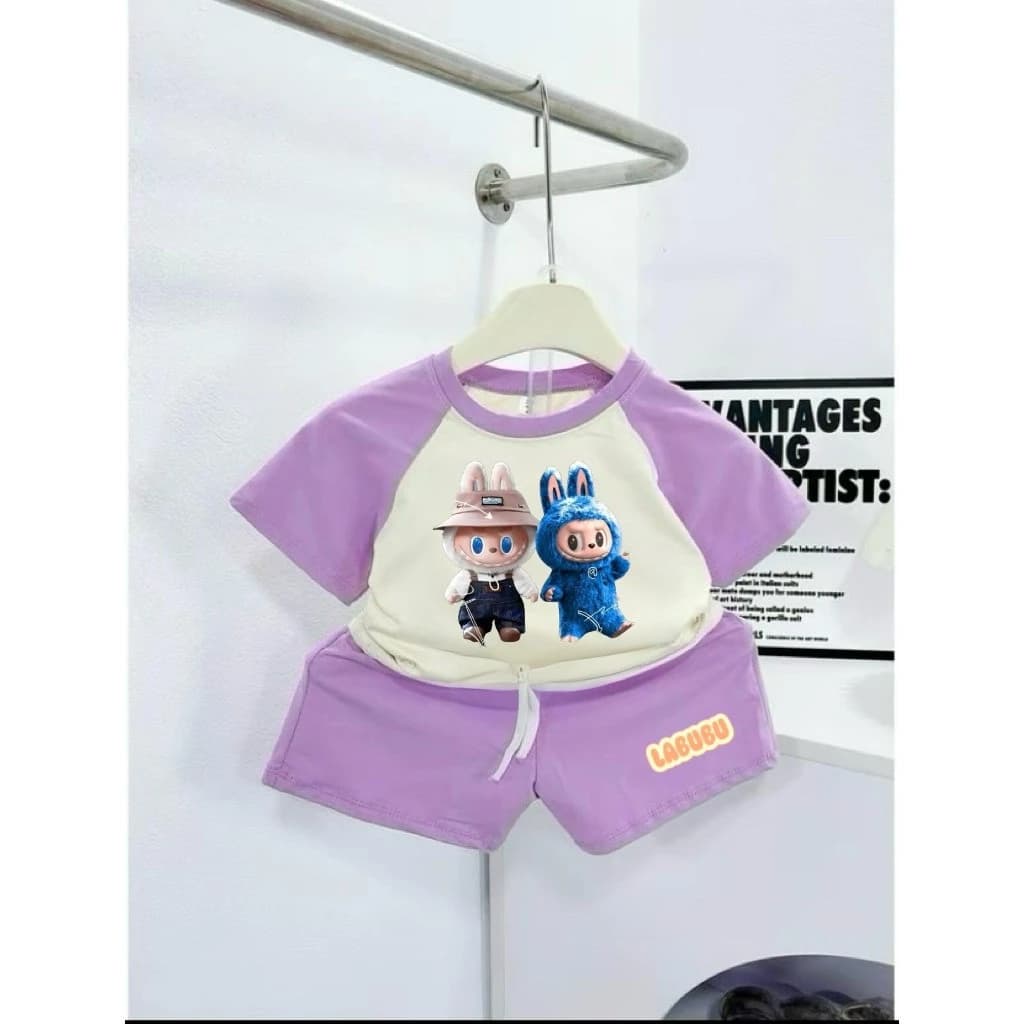 Bộ quần áo cotton chất mềm mịn mát hình in LABUBU cho bé gái 13-44kg thoáng mát có thể giặt máy