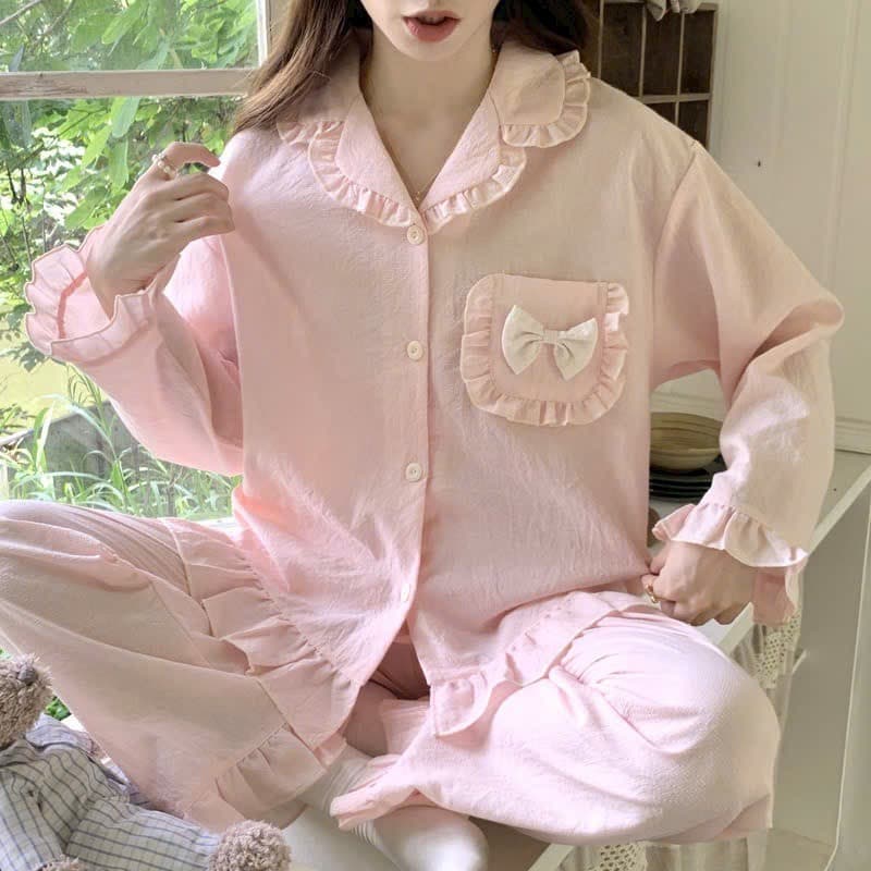Bộ pijama mặc nhà Dài tay đũi xốp kèm nơ siêu xinh - Bộ đồ ngủ mặc nhà dễ thương tiểu thư