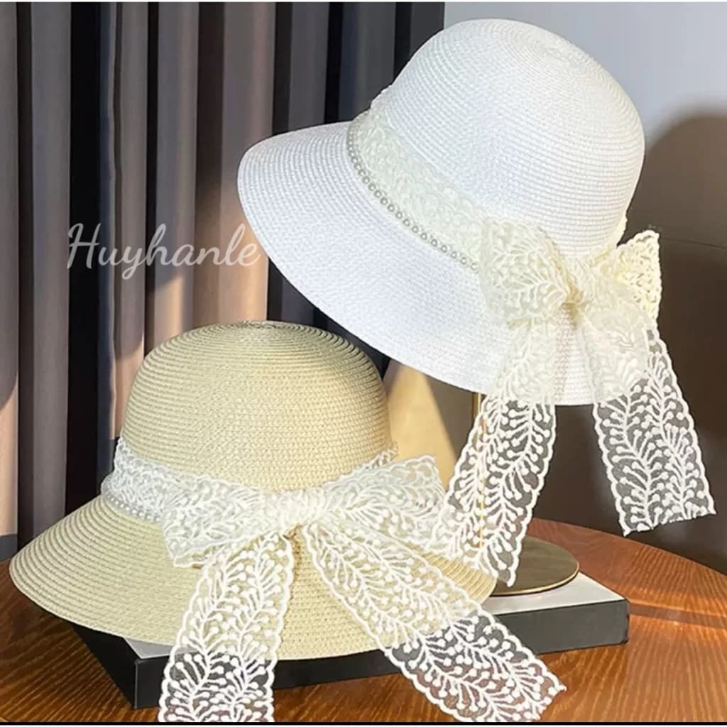 Mũ /nón đi biển vành cụp 8 cm đai ngọc phối ren, Hàng QC bao chất đẹp