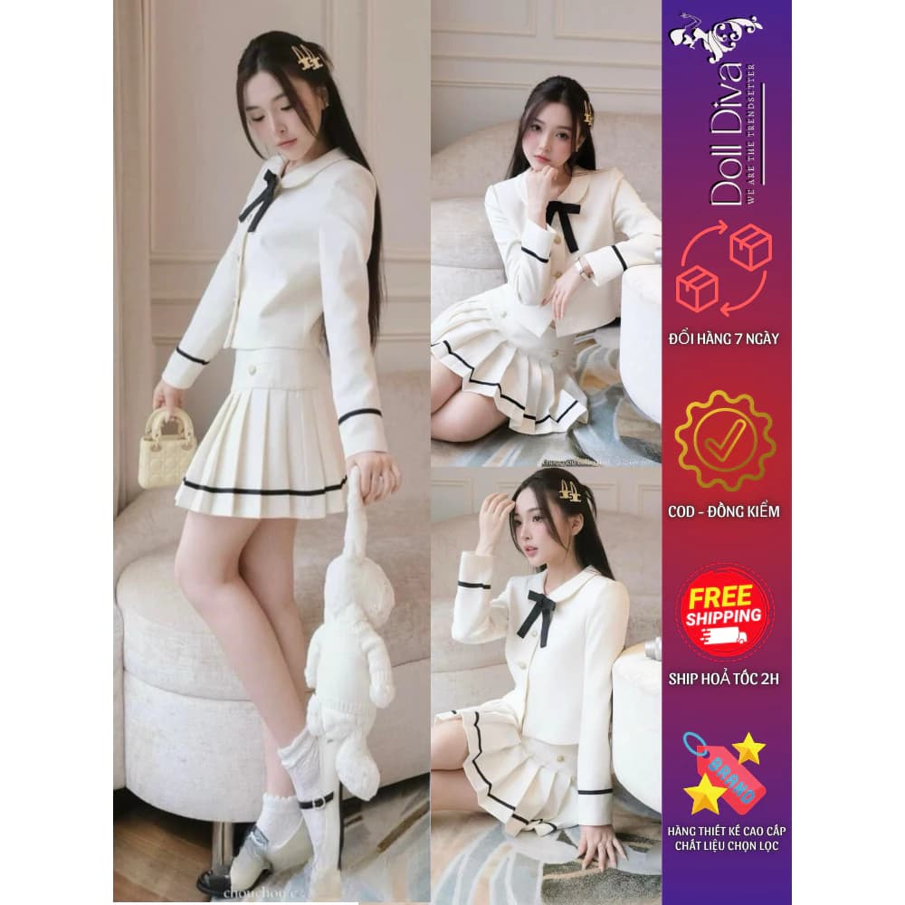Set Áo Thiết Kế Cổ Sen ,Chân Váy Xếp Ly Chạy Viền Cao Cấp Ép 2 Lớp Mix Nơ Tiểu Thư Doll Diva S289
