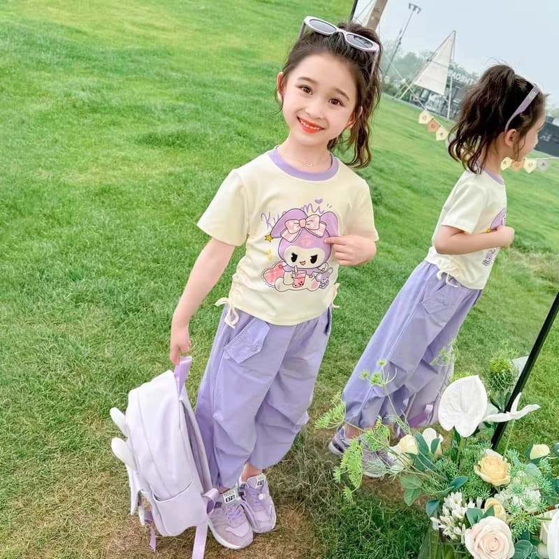 Bộ đồ quần THÔ may xếp ống + áo cộc tay cotton chun eo, hình KUROMI, 2 màu, size 14-44