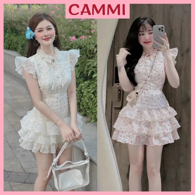 Đầm hoa nhí tay bèo cánh tiên thiết kế tầng xòe thắt nơ xinh xắn dễ thương tiểu thư HV485