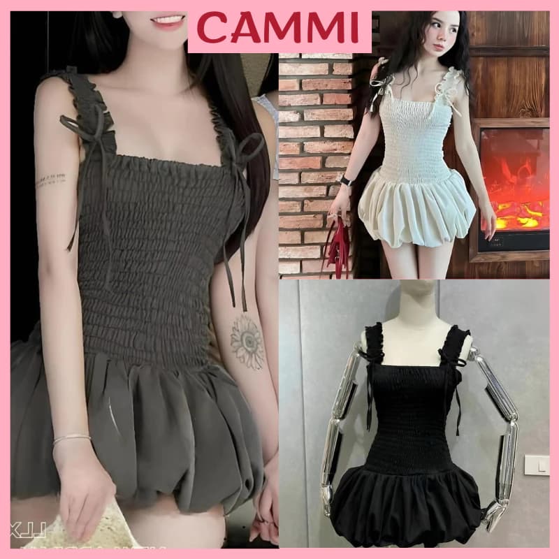 Đầm dáng bí chun nhún eo hai dây đính nơ tiểu thư,Váy dáng bí hách dáng đầm tiểu thư hai dây phối nơ HV822