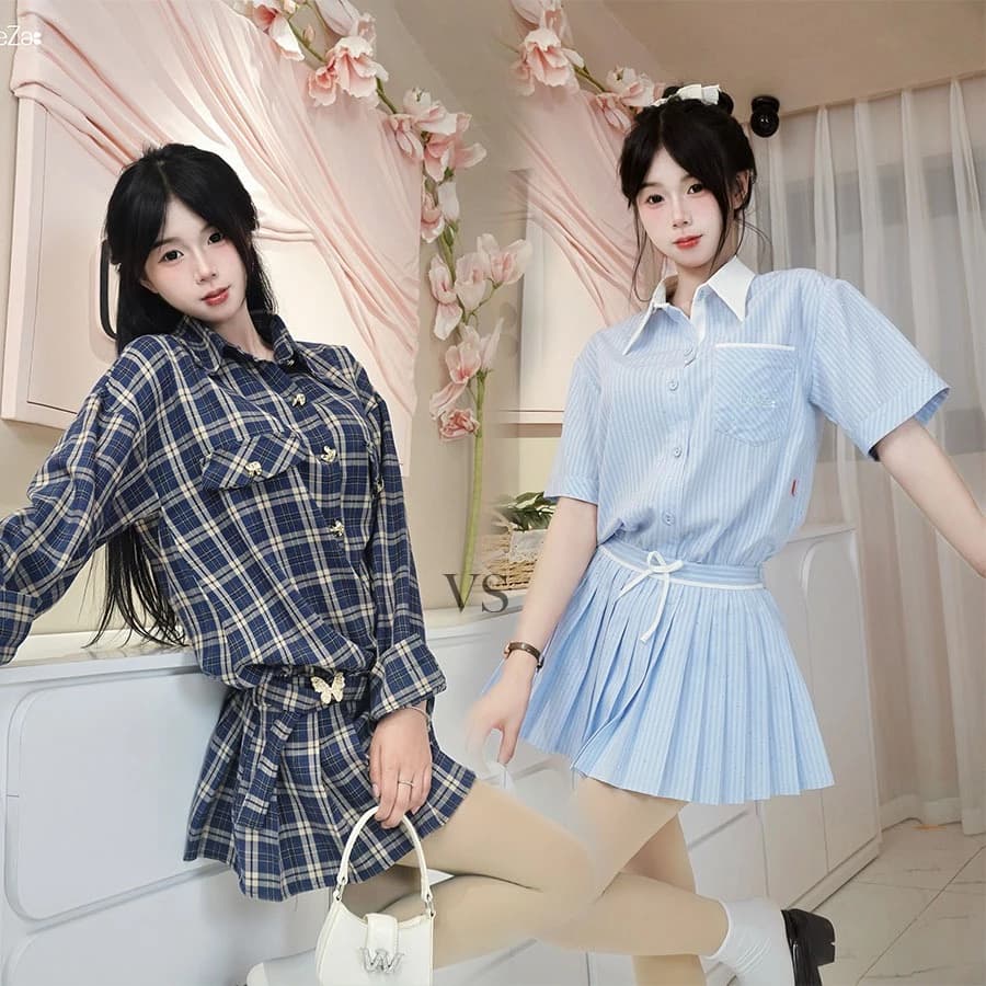 LeeZa - Combo 01 Váy Liền Sơ Mi Kèm Đai VL1 Và 01 Váy Sơ Mi Đính Đá Chân Xếp Ly VL2 - CB2.2
