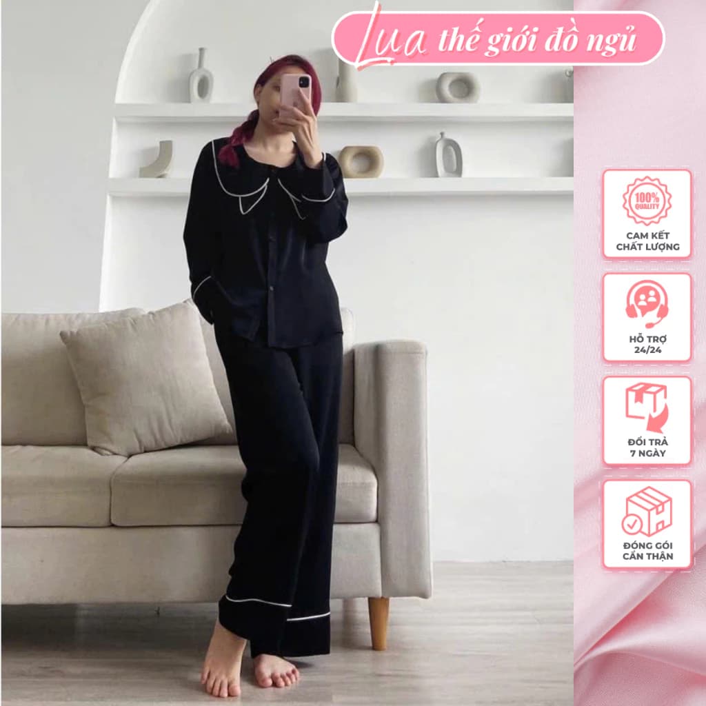 Bộ đồ ngủ pijama 💥 HÀNG CAO CẤP 💥 Đồ ngủ chất lụa dài tay hàng thiết kế phối nơ xinh xắn