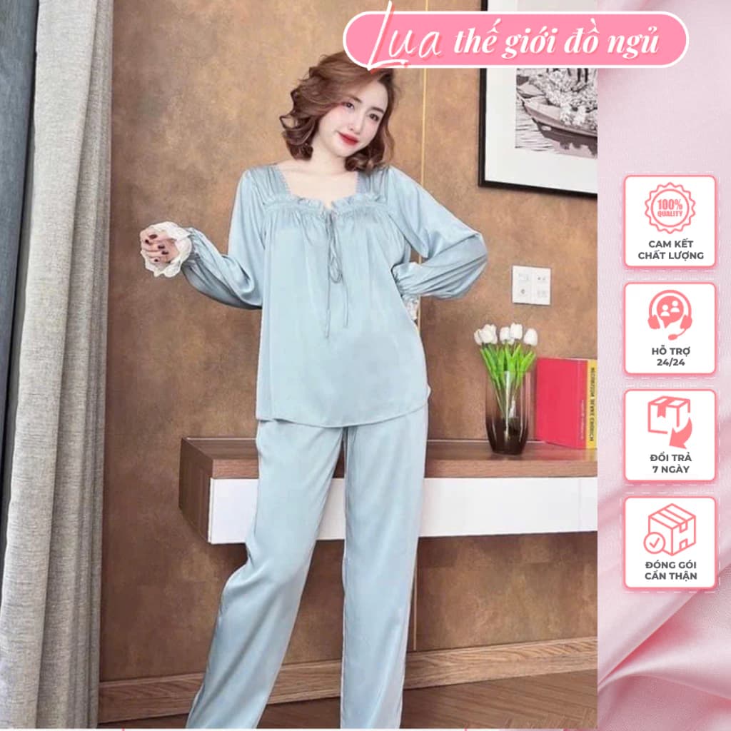Bộ Đồ Ngủ 💥 HÀNG CAO CẤP 💥 Bộ Đồ Mặc Nhà Dài Tay Chất Lụa Lantin, Pijama Cổ Vuông Phối Ren Phong Cách Tiểu Thư