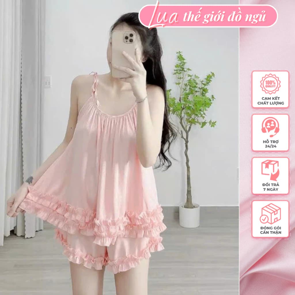Đồ Ngủ 2 Dây 💥 HÀNG CAO CẤP 💥 Set Đồ Lai Bèo Nhún Siêu Xinh Lụa Lantin Mềm Mát