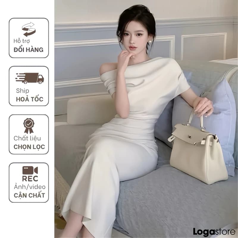 Đầm body lệch vai dáng dài màu kem, váy dự tiệc sang chảnh Logastore_L195