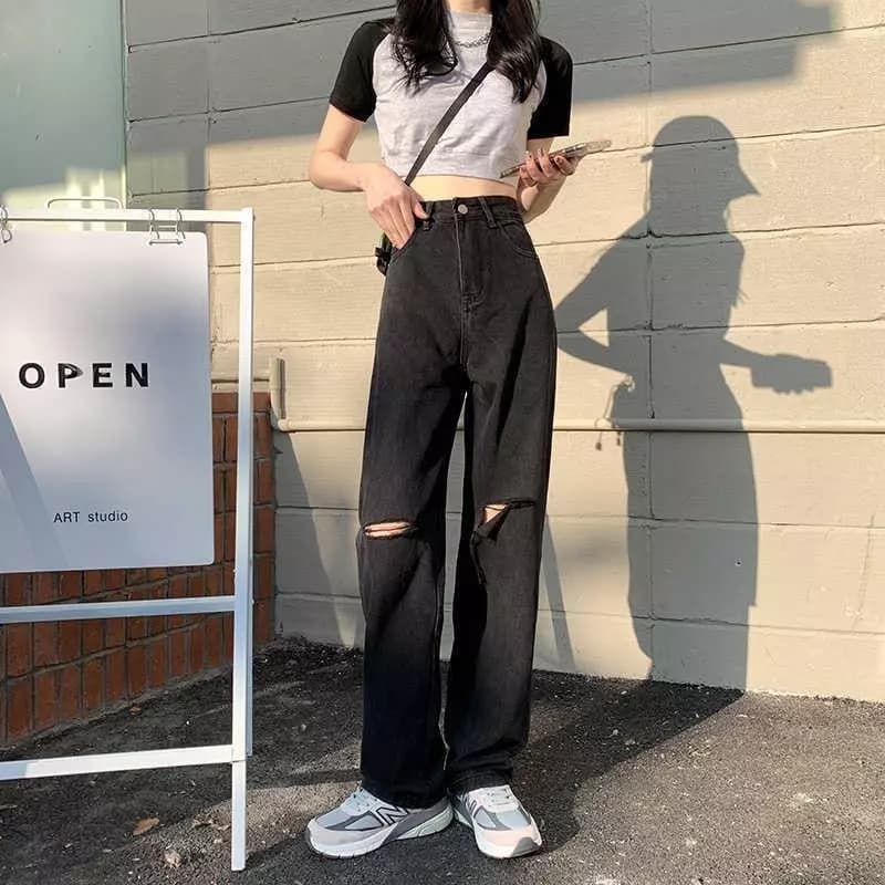 Quần Jean Nữ Rách 2 Gối ( 1 Gối rách Lơi ) Loại Ống Rộng Cạp Cao Pants Women Ong