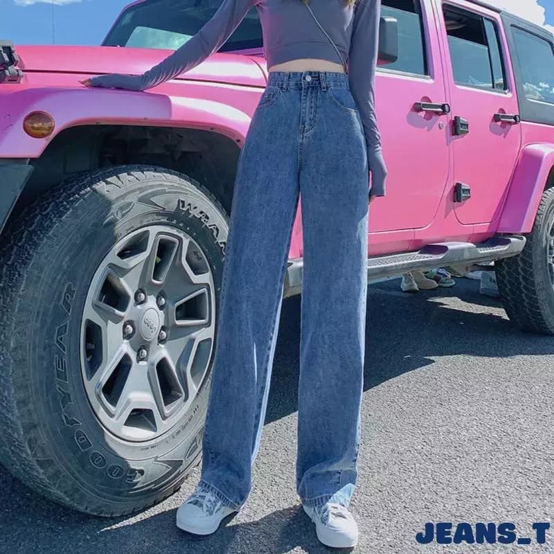 Quần jean nữ, Quần Bò nữ cạp Cao Ống Rộng Màu xanh đậm Pants Lưng Cao Women Ong