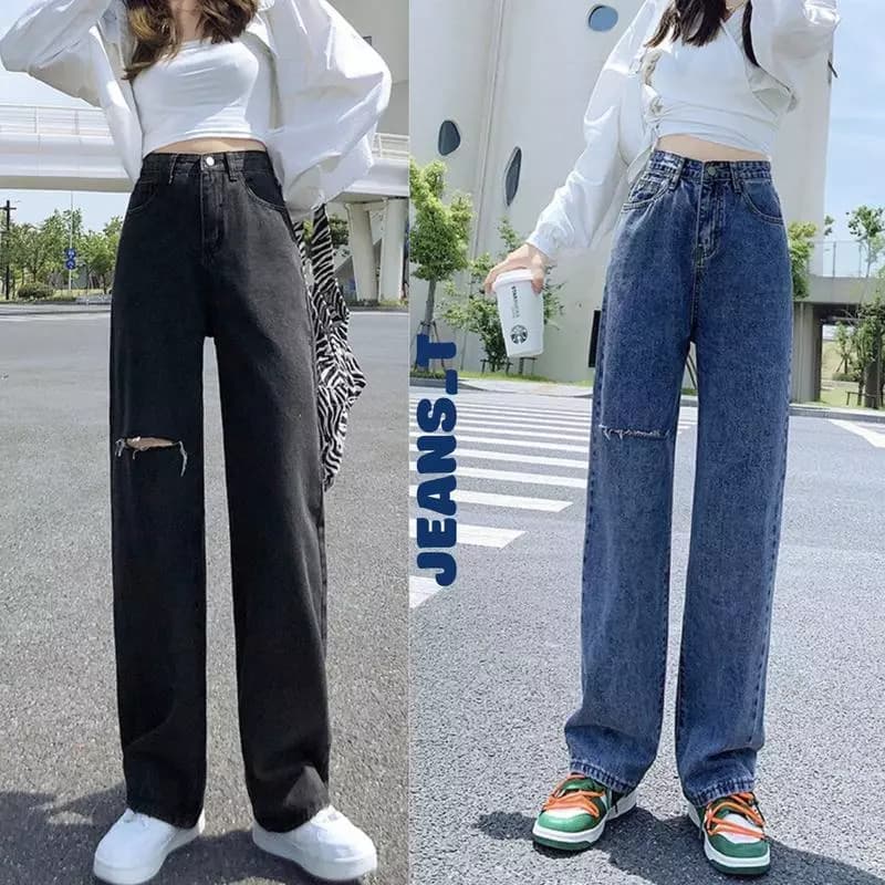 Quần Jean Nữ Ống Rộng Lưng Cao Rách Gối Phải Pants Women Ong