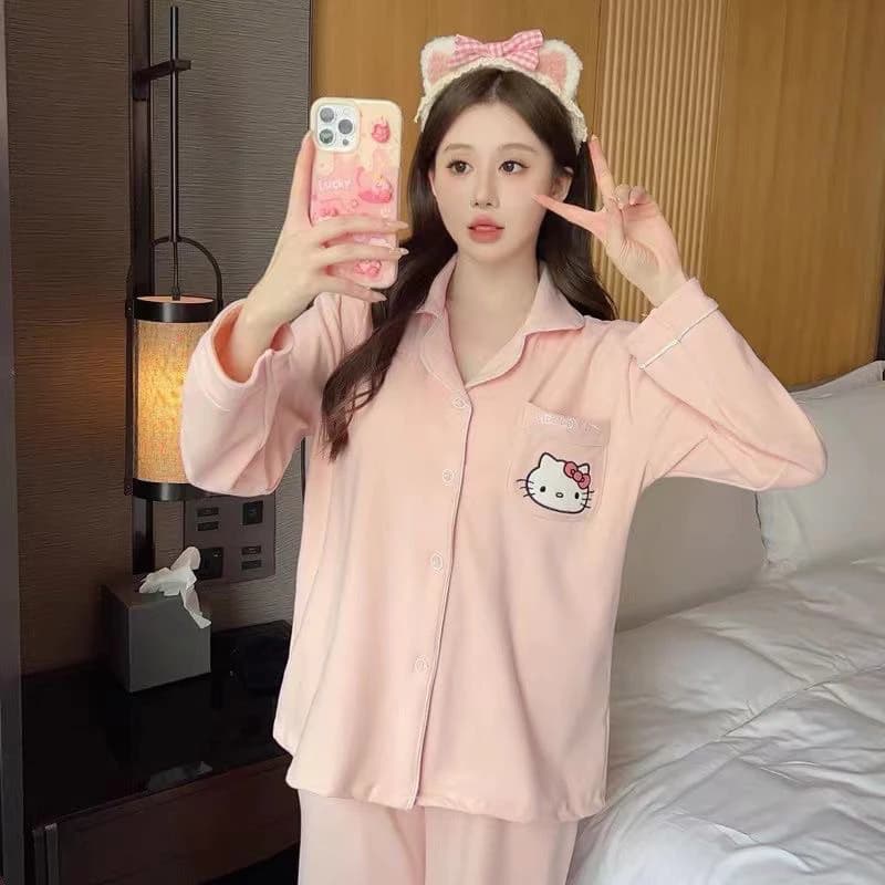 Bộ đồ ngủ Hello Kitty ngọt ngào và dễ thương dành cho nữ mùa xuân thu sinh viên áo len dài tay quần dài Bộ đồ bé gái