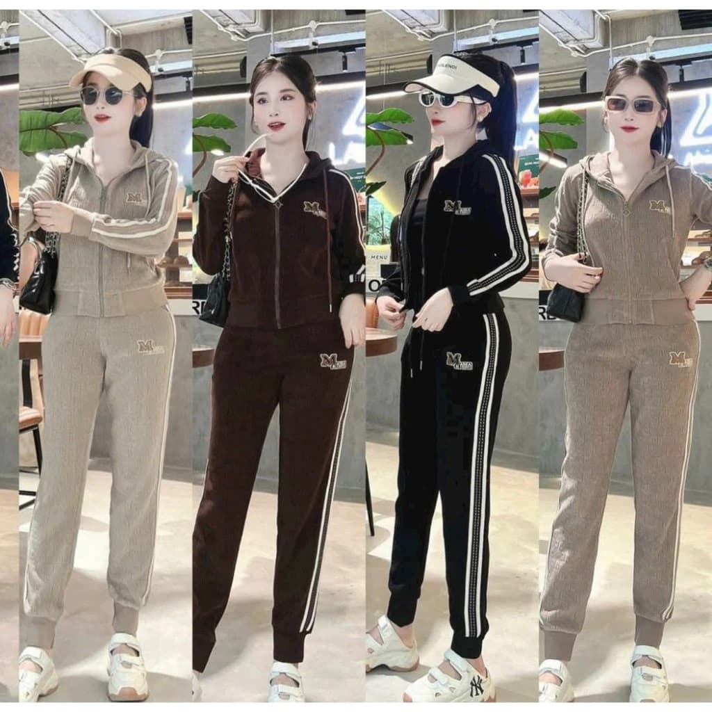 [ hàng loại 1] Set bộ Nhung Mũ Viền Sọc cao cấp cho nữ mặc thu đông [M14] - quanaohuyenanh