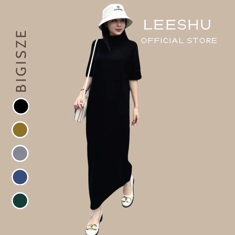 Váy suông nữ Bigsize cổ leo 3 phân tay lửng, đầm suông dáng dài cổ cao form rộng tay lỡ chất vải tăm thái dày dặn