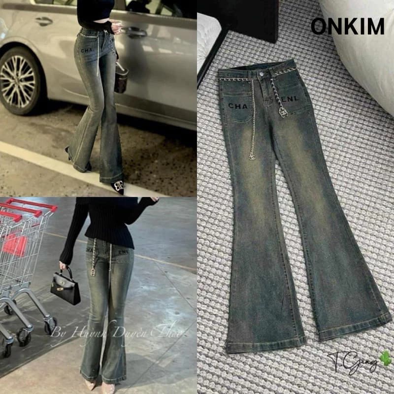 Quần jeans ONKIM ống loe túi vuông thêu hoạ tiết kèm đai xích lưng cao chất bò dãn dày mịn