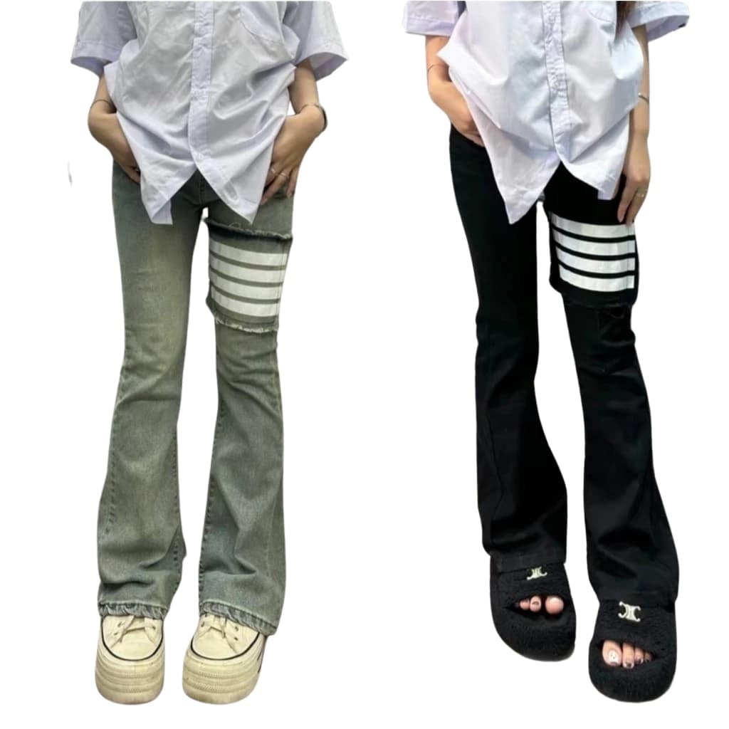 Quần jeans loe ONKIM in vạch mài đùi lưng cao chất bò co dãn phong cách trẻ trung năng động