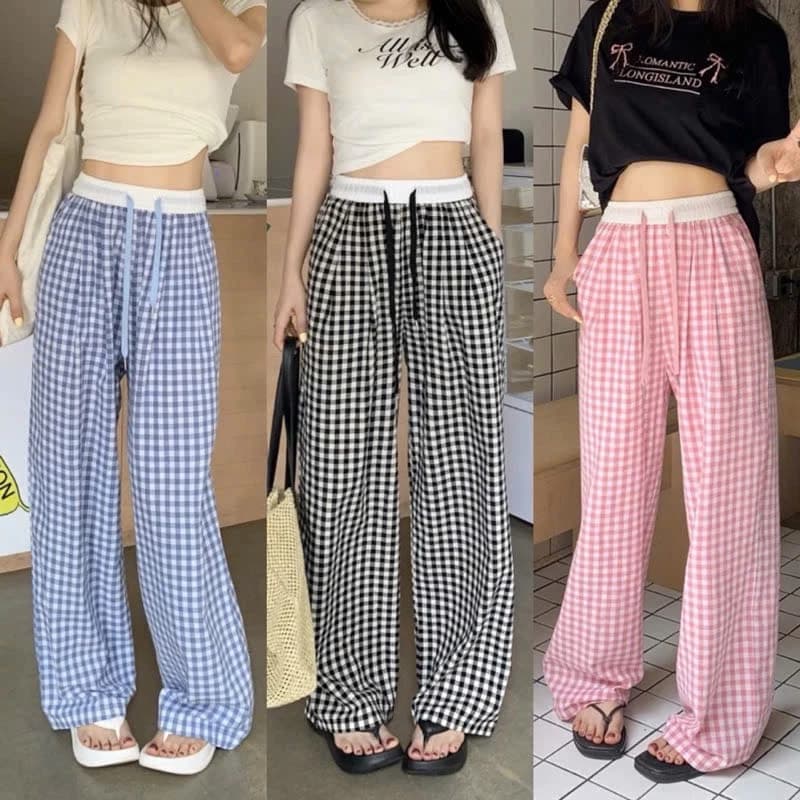 Quần ống suông dáng rộng kẻ xốp caro chất thô mềm phối cạp trắng dây rút màu pastel siêu hot