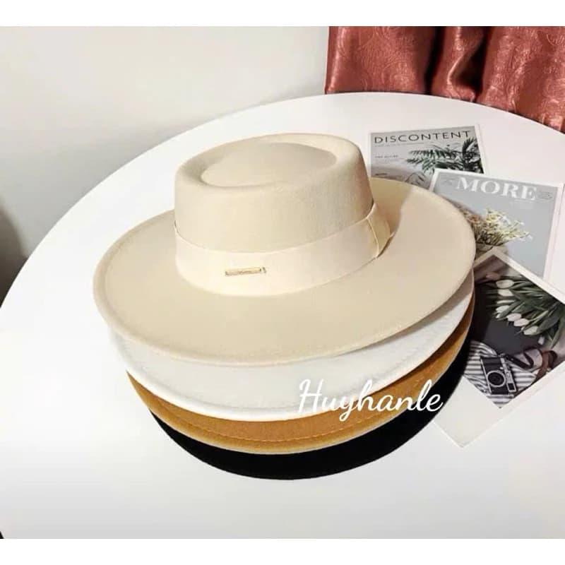 Mũ/ nón nỉ dạ đầu lõm đai nâu, vành 7,5 cm