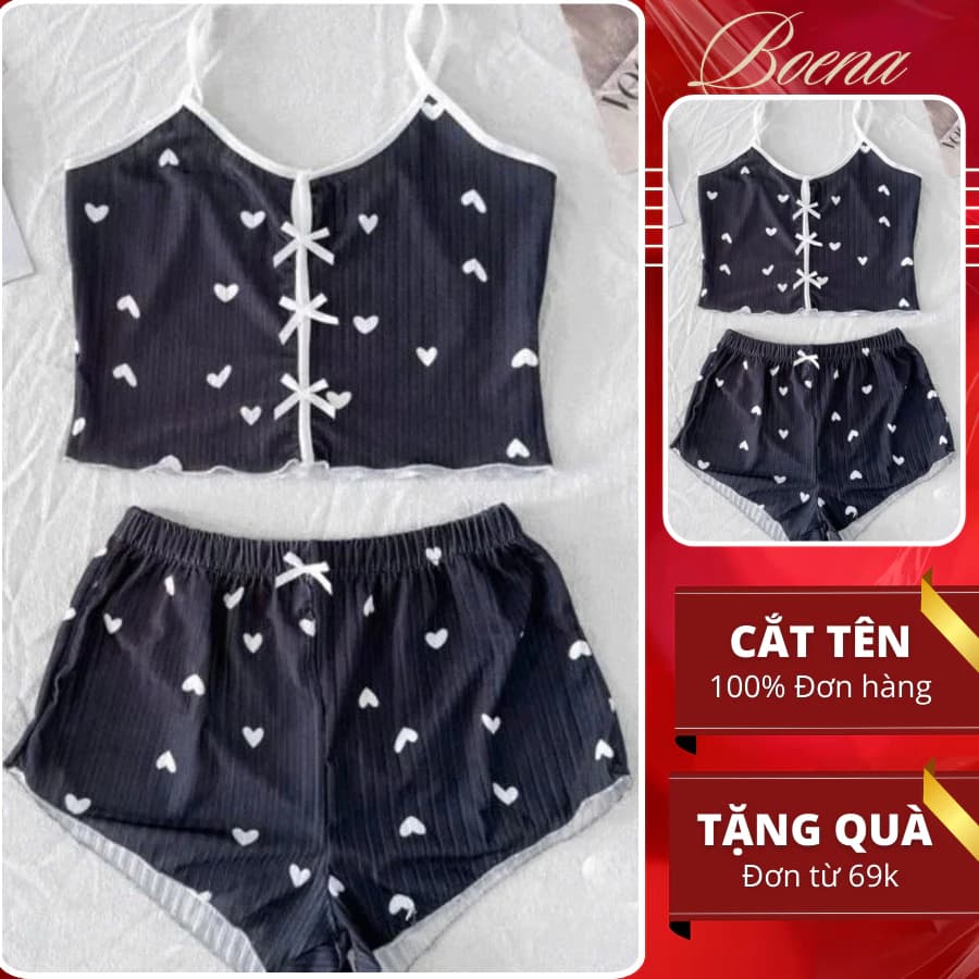 [ĐỦ SIZE - A24] Set bộ ngủ 2 dây THUN TĂM LẠNH Boena Đồ ngủ mặc nhà co giãn thoải mái đính nơ Coquette