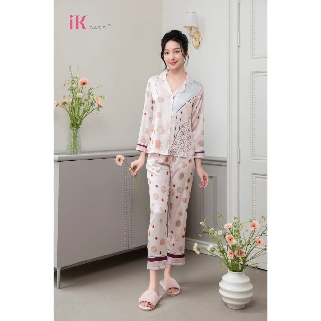 Bộ Lụa LUXURY cap cấp nhềm nhẹ nhà IK họa tiết chấm tròn màu độc đáo áo dài tay quần dài