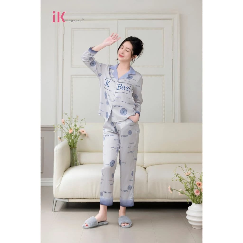 Bộ Lụa LUXURY cao cấp nhềm nhẹ nhà IK họa tiếtchữ  độc đáo tinh tế , trẻ trung áo dài tay quần dài