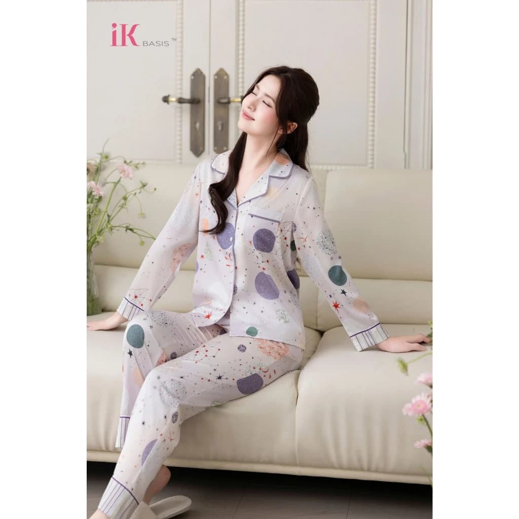Set lụa LUXURY cao cấp nhà IK BASIS chất mềm mịn, nhẹ thoáng, họa tiết tròn tinh tế, độc đáo, dáng áo dài tay quần dài