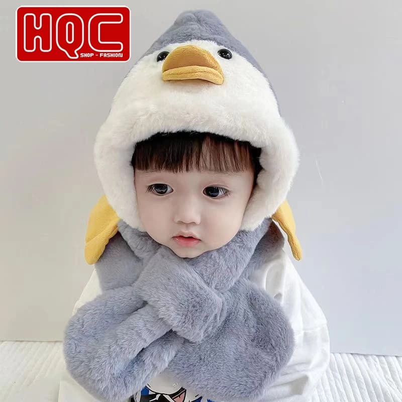 Mũ len cho bé trai bé gái mẫu vịt  chùm đầu kèm khăn dễ thương mùa đông cực ấm HQC075