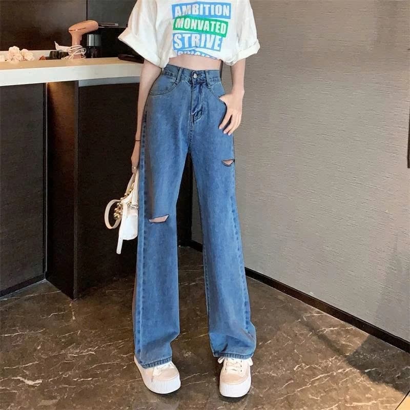 Quần Jean Nữ Form Suông Rộng Rách Cạnh + Gối Phải Pants Women