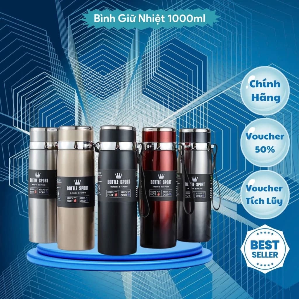 Bình giữ nhiệt nóng lạnh lõi thép inox 304 chống gỉ 1000ml - Chai giũ nhiệt đa năng nắp đậy thiết kế chắc chắn