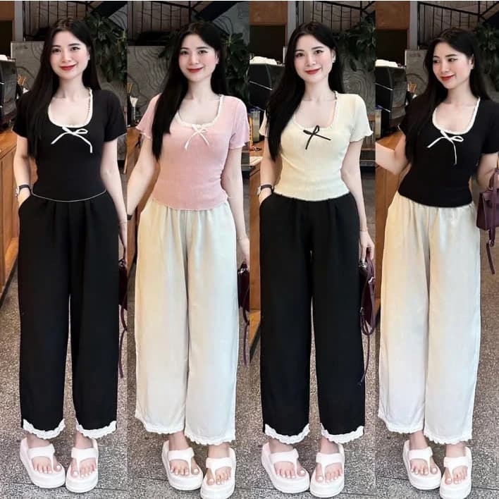 Sét bộ áo baby tee viền ren phối quần baggy phối lai ren trẻ trung thời trang SBNT_437