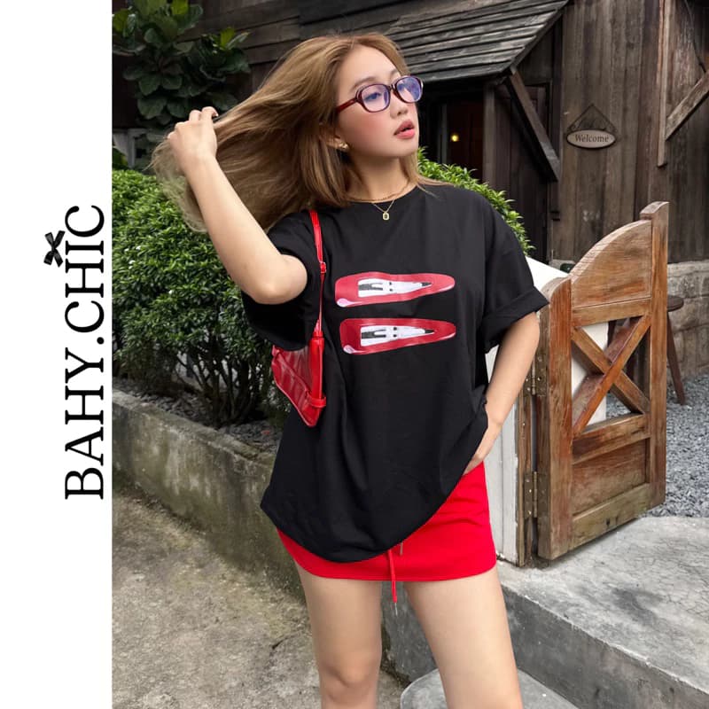 ( SET KẸP ) Áo thun cổ tròn in hình kẹp & chân váy rút dây basic | BAHYCHIC