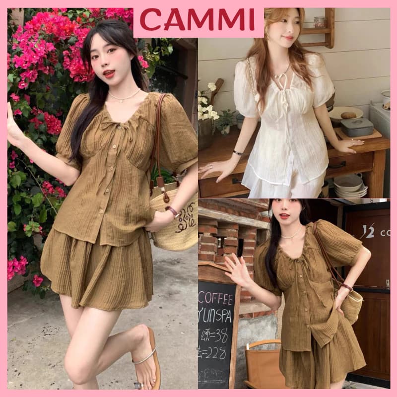 Set áo sơ mi cộc tay dáng bồng rúm ngực+chân váy xoè ngắn chất đũi gân,set bộ đồ nữ HB18