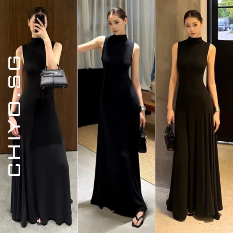 Đầm thun maxi sát nách cổ lọ phong cách thu đông basic