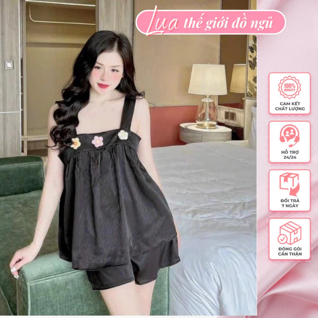 Sét ngủ 2 dây bản to quần đùi có túi, Đồ bộ nữ mặc nhà chất lụa lantin qc