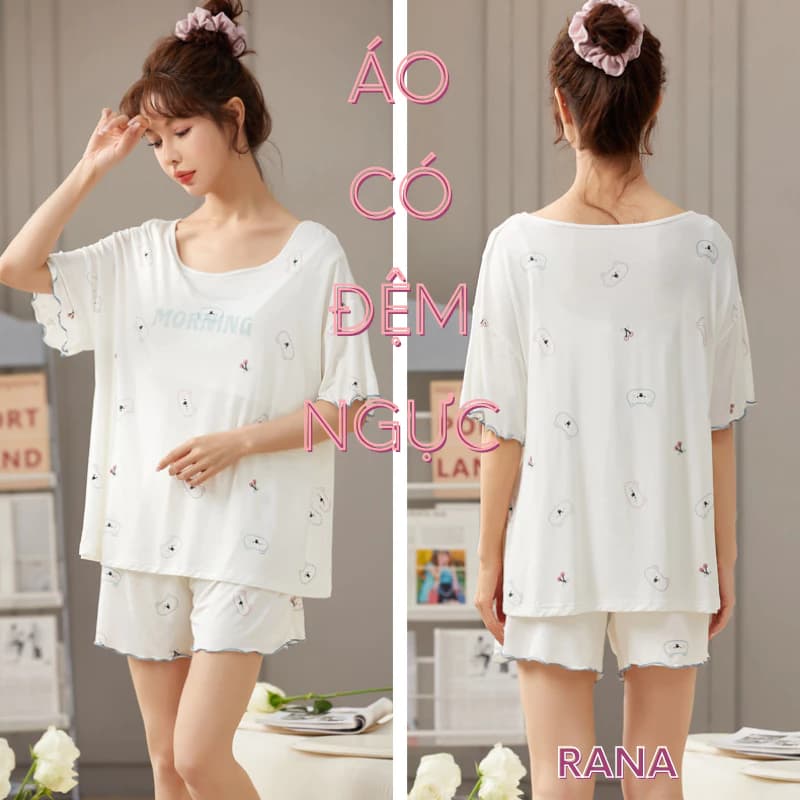 Bộ quần áo mặc nhà ngắn tay có đệm ngực cho nữ kiểu dáng sang chảnh RaNa vải cotton mềm mịn mát mẻ đệm ngực thoáng khí