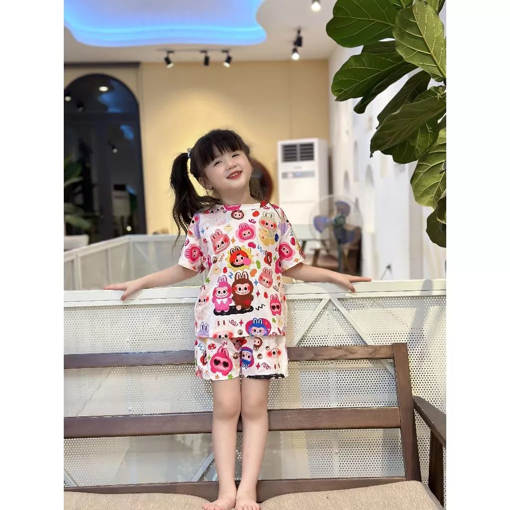 Bộ đồ thun lạnh họa tiết LABUBU cho bé gái, vải mềm mịn mát tay,3 mẫu nền, size 12-44 k