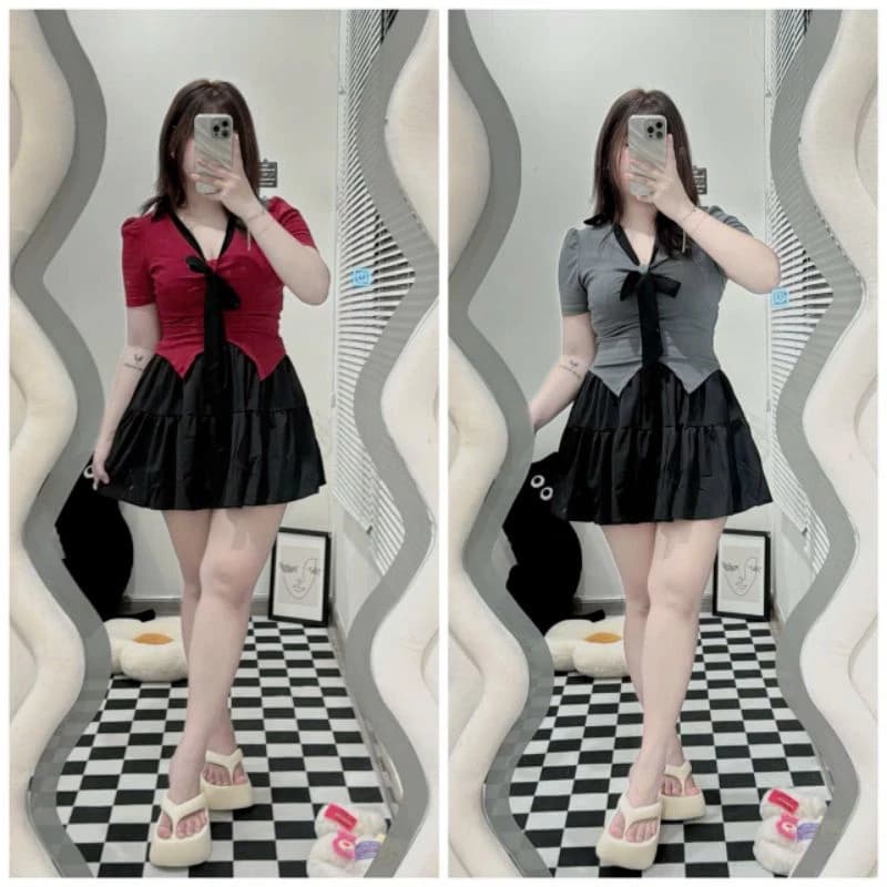 [Bigsize 60_90kg] sét bộ áo thun+ váy cột nơ