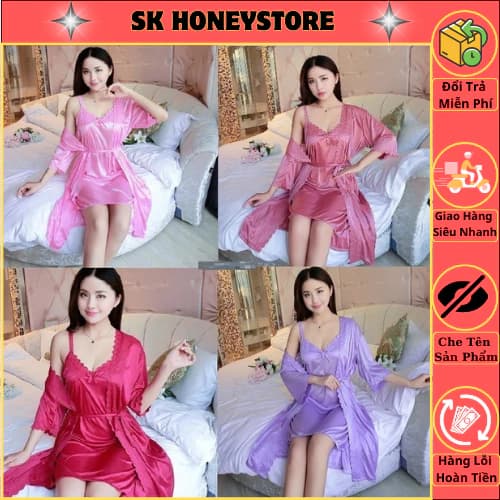 Bộ áo choàng ngủ  kèm váy ngủ 2 dây siêu xinh MS230 ,Bộ Ngủ