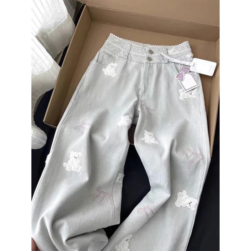 [Order-2k89] Quần jean nhạt suông thêu Gấu,Nơ ống rộng chất dày dặn Lilis Room