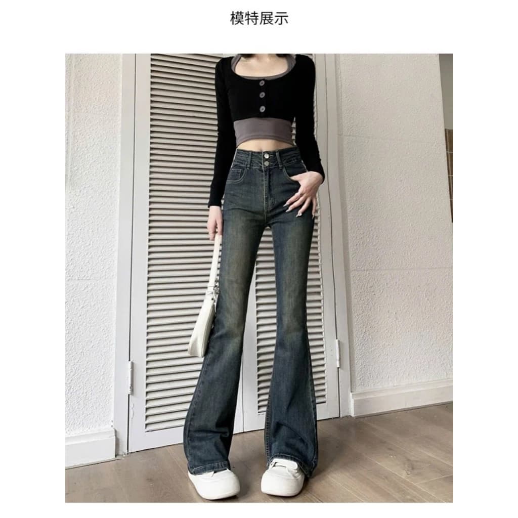 Quần jean nữ ống loe cạp cao co giãn chất demin dày dặn cài khuy vintage hàn quốc kiểu dáng basic mặc đi chơi đi làm(HC1