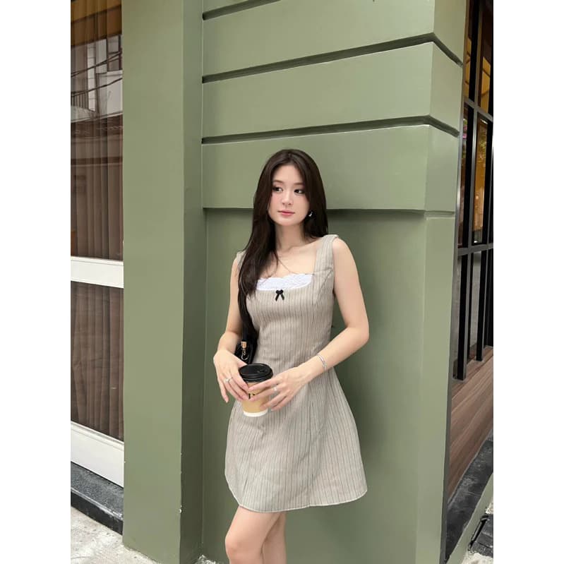 Đầm sát nách cổ vuông gắn ren C3 cổ ôm dáng ngắn xám/đen/hồng Bigsize - Orimi Nữ Women