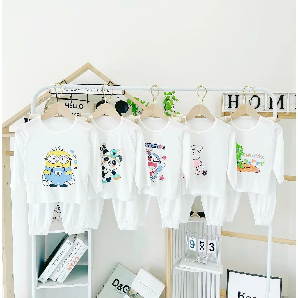 [A224 Mềm Mát, Chất Minky] Bộ Dài Tay Trắng In Hình Con Vật Đáng Yêu Cho Bé Trai Bé Gái