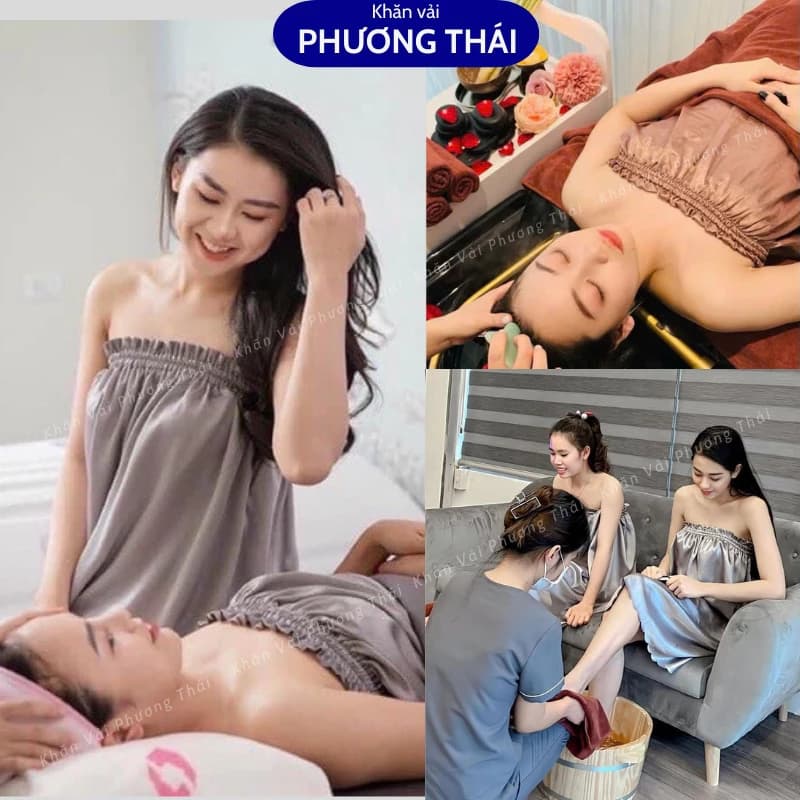 Váy quây spa phi lụa cao cấp, chun ngực 3 đường chỉ chắc chắn, không nơ