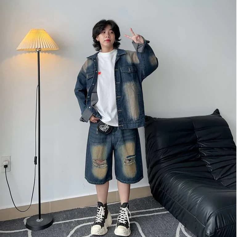 Set Jean Wash Vàng 🖤 Khoác JEAN LOANG + SHORT PAM (không kèm áo thun) Form Unisex 🖤 Áo khoác bò denim Jaystoree 🖤
