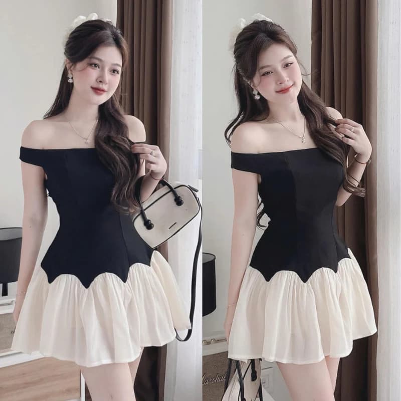 Váy trễ vai tăm lạnh phối voan xòe, đầm dự tiệc bẹt vai tiểu thư sang chảnh kèm quần bảo hộ rời MS11