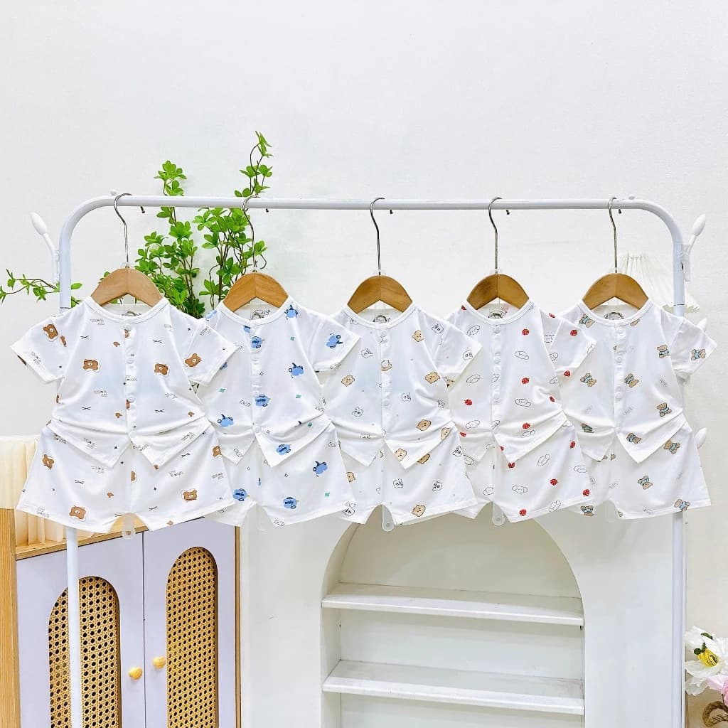 [A183 - Mềm, Mát, Chất Petit, Được Chọn Mẫu] Bộ Cộc Tay Sơ Sinh Nền Trắng Họa Tiết Cúc Giữa