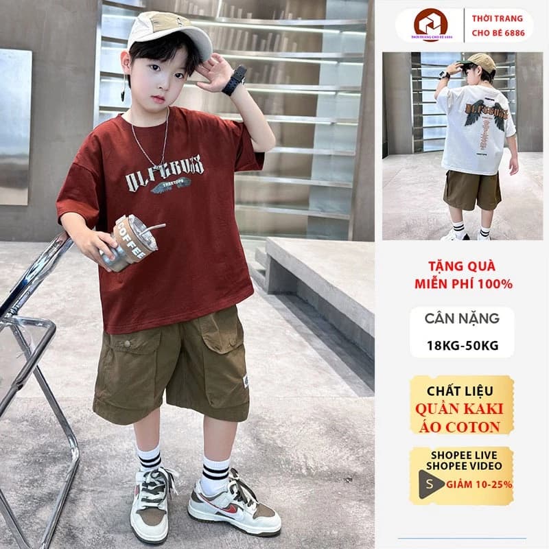 Bộ đồ hè bé trai thun cotton thoáng mát mẫu TR, bộ quần áo trẻ em, set đồ cộc bé trai size đại 18-50kg, đồ bộ bé trai